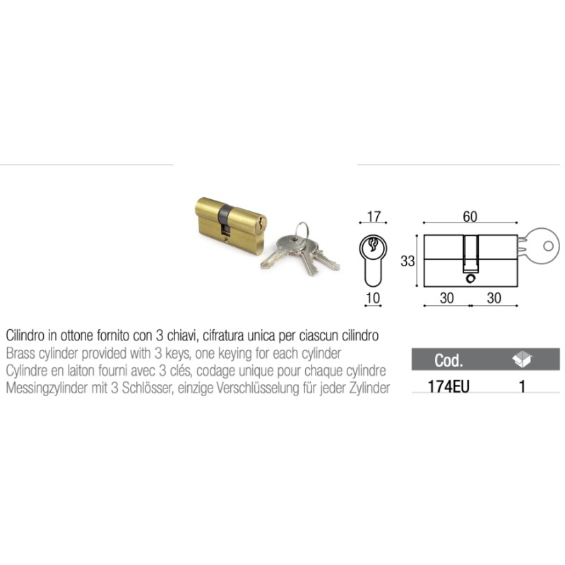 Cylinder for Locks 174EU Brevetti Adem in Brass with 3 Keys