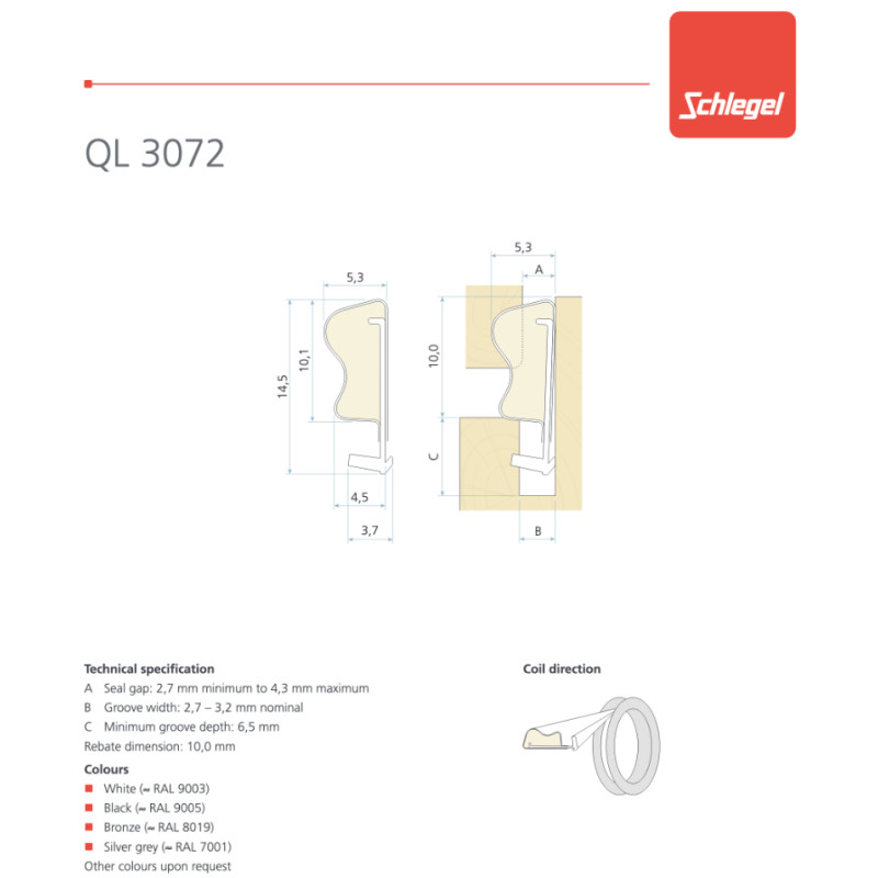 Schlegel QL 3072 Gasket for Wooden Windows Doors Furniture